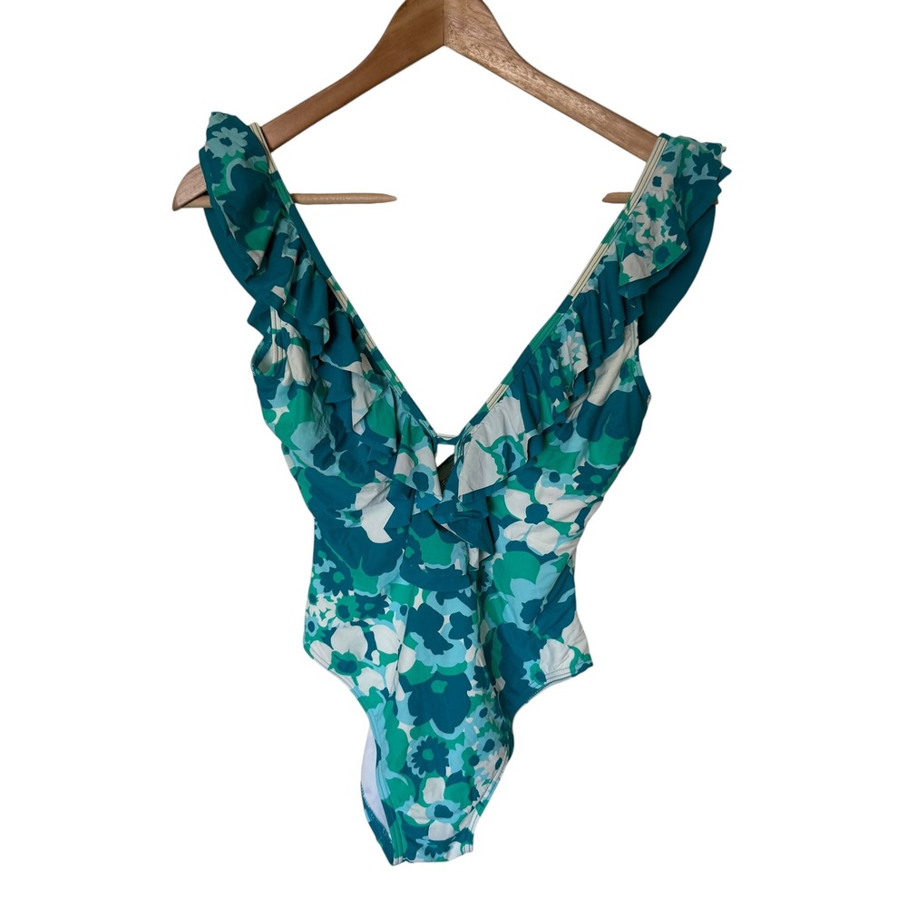 Michael Kors One Piece‎ Swimsuit Womens 6 Teal Floral Ruffle V-Neck Excellent